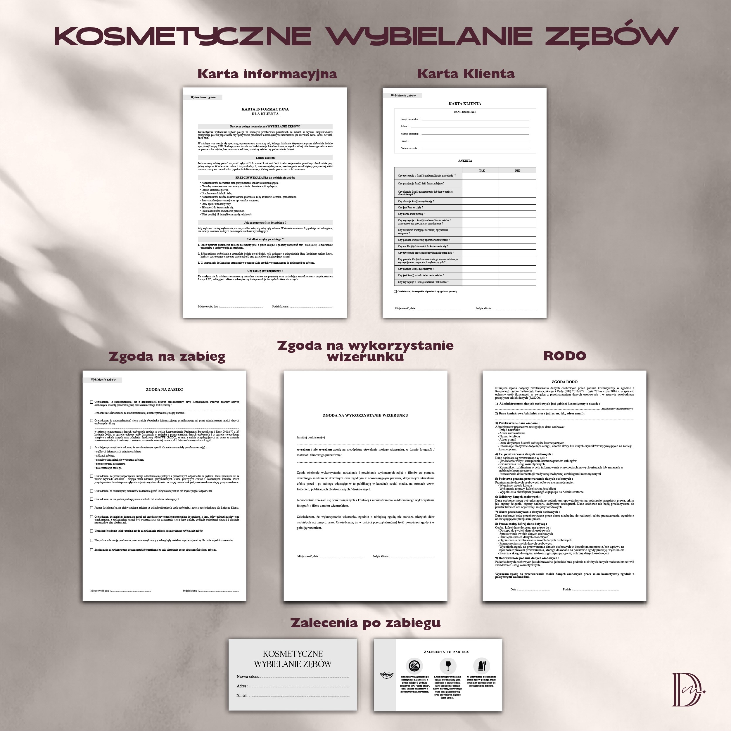 KOSMETYCZNE WYBIELANIE ZĘBÓW dokumenty zabiegowe PAKIET