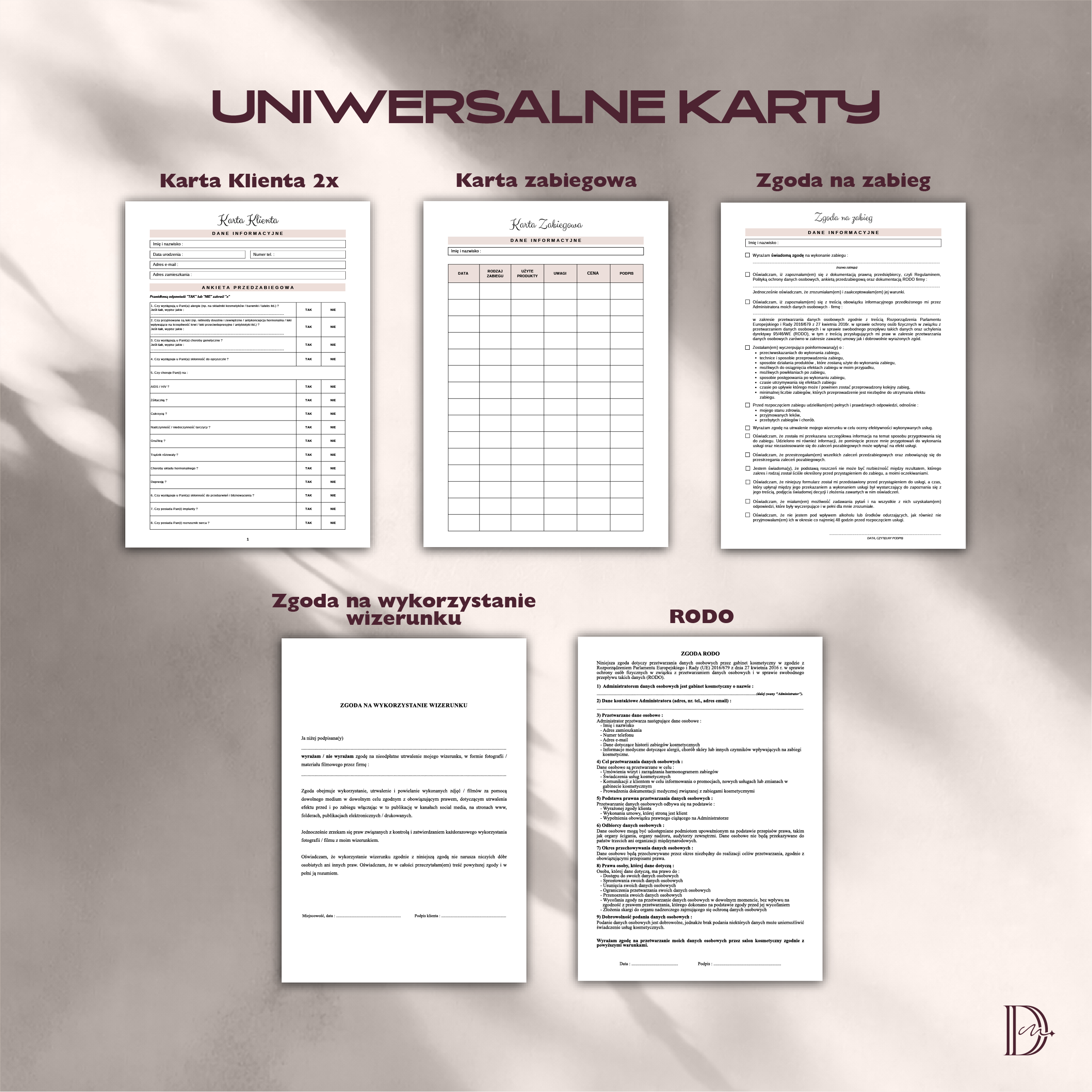 UNIWERSALNE KARTY ZABIEGOWE dokumenty zabiegowe PAKIET