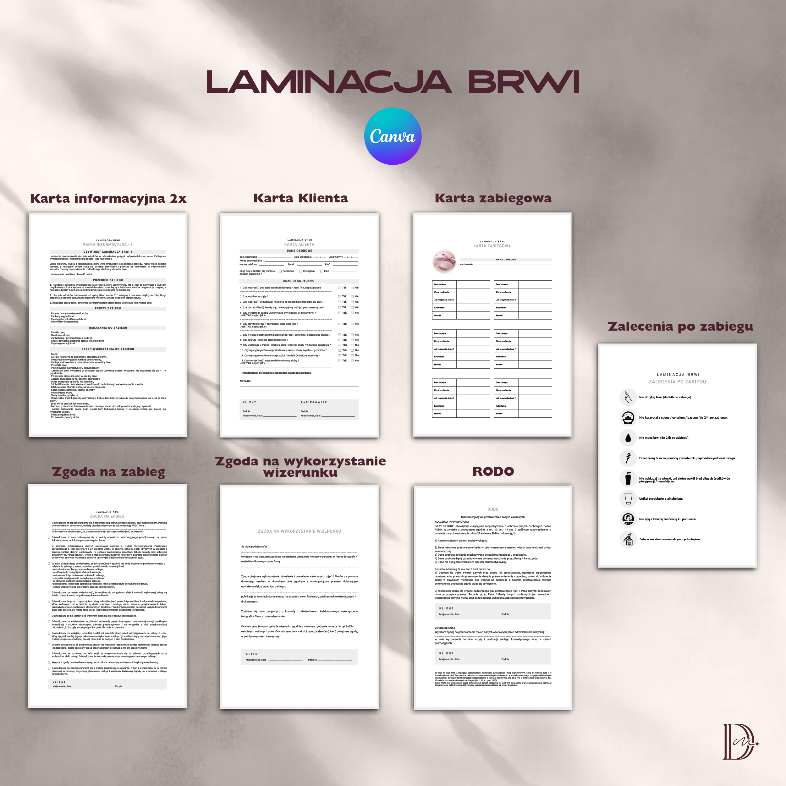 LAMINACJA BRWI CANVA (edycja) dokumenty zabiegowe PAKIET
